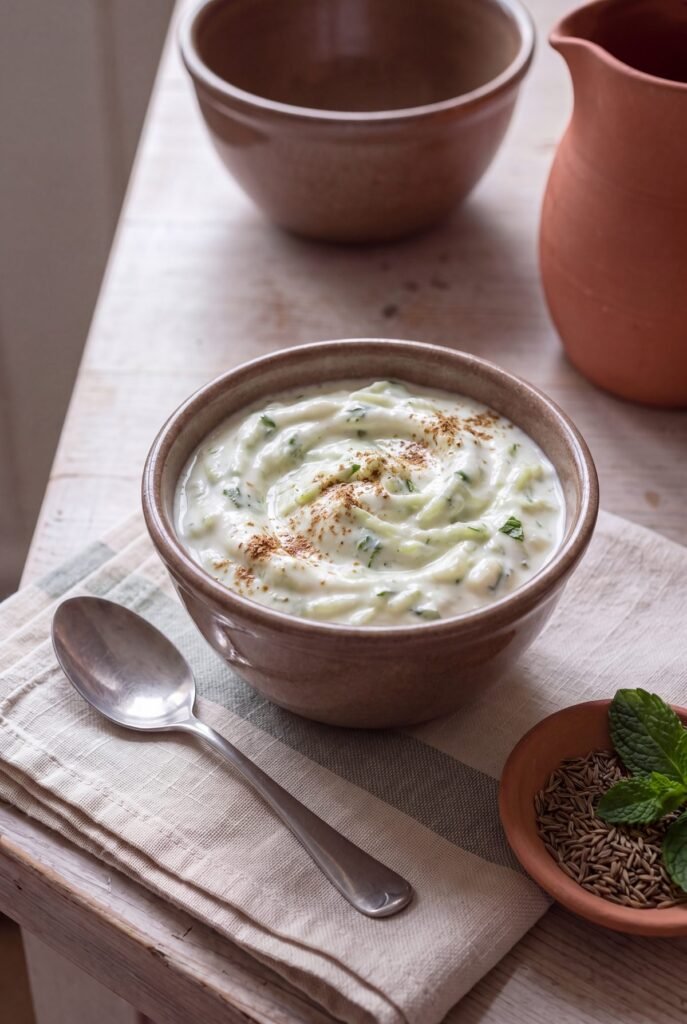 Bowl of cucumber raita with mint and toasted cumin, cumin seeds beside it