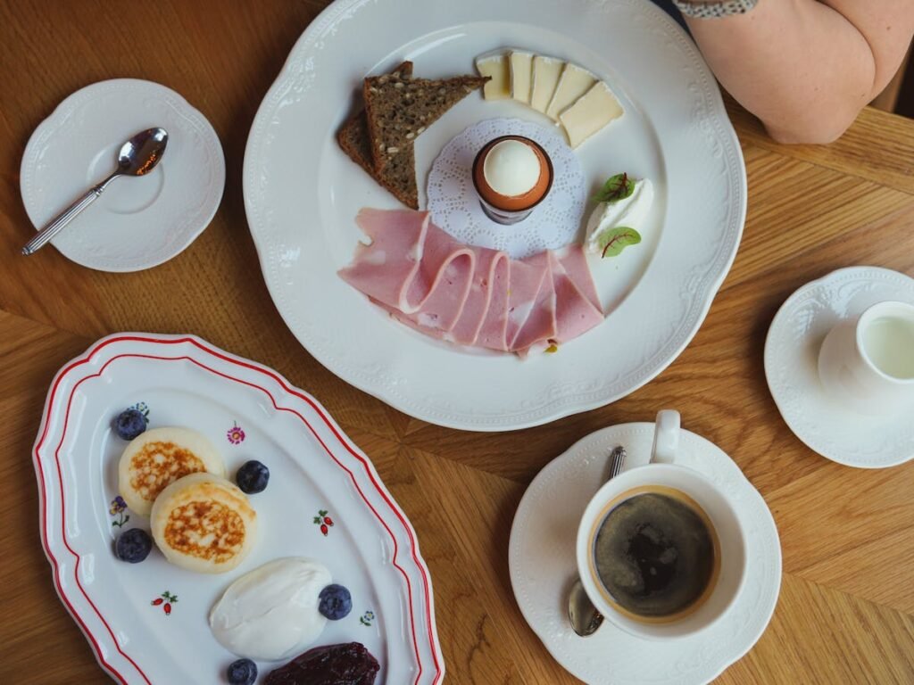 European breakfast spread with cheese and coffee