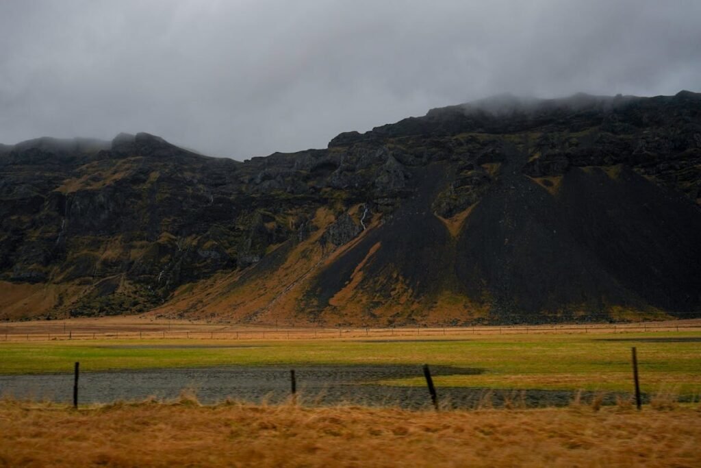 Iceland mountain landscape with grass plains