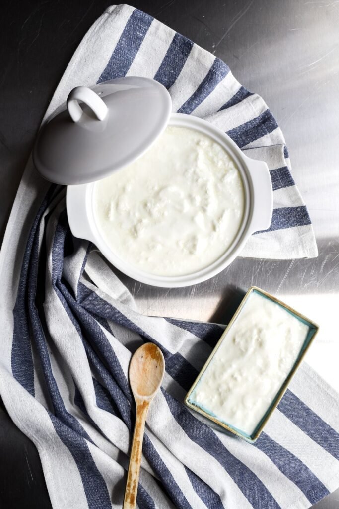 Homemade kefir in ceramic bowls