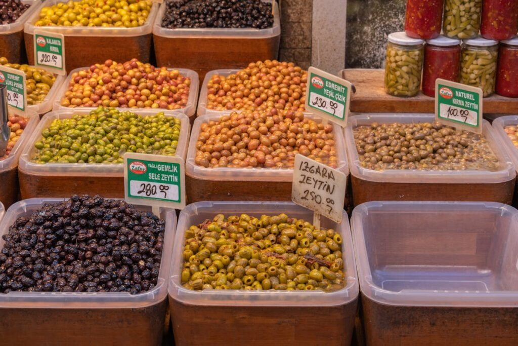 Mediterranean olives at outdoor market